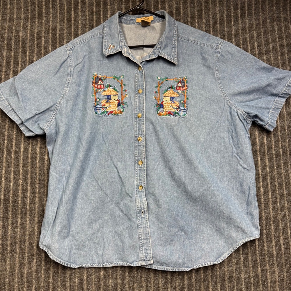 Just My Size Denim Shirt 26W/28W Blue Excellent Embroidered Garden Bear (2269)